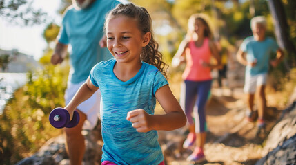 Portrait of smiling girl exercising with dumbbells during obstacle course in boot camp