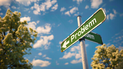 Fototapeta premium Street sign pointing in two directions, both labeled problem, against a cloudy blue sky