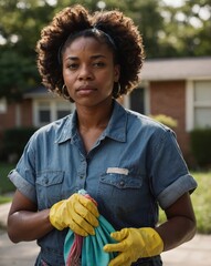 Woman with cleaning cloth and gloves outdoors
