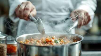 A chef, dressed in a white uniform, is using tongs to cook a steamy dish in a professional kitchen, featuring various ingredients like vegetables and herbs in a large pot.