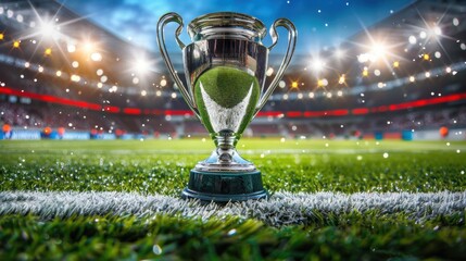Close-up of a shiny championship trophy on the grass field of a brightly lit stadium, perfect for sports and victory concepts.