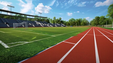 Envision a 3D outdoor sports field with a running track, soccer goals, and bleachers.