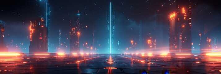 Fototapeta premium Futuristic digital cityscape with neon lights, evoking a science fiction theme in a glowing, cyberpunk atmosphere.