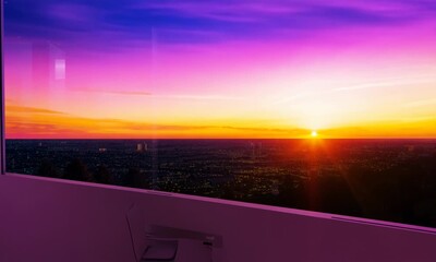 Modern home office with dual monitors and a stunning sunset view. Seamless looping 4k time-lapse video animation background - Powered by Adobe