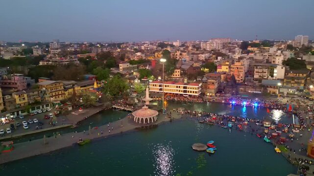Aerial view of Gandhi Talav, Ramkund, Panchavati ghat on the sacred river Godavari Nashik, a place of Hindu pilgrimage Maharashtra India 4K