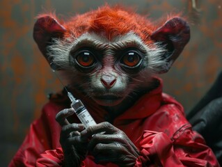 A Colorful Anthropomorphic Creature Holding a Syringe in a Dimly Lit Environment