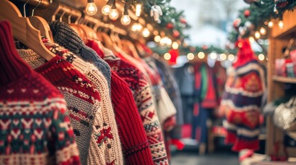 Envision a bustling holiday market with stalls selling festive clothing.