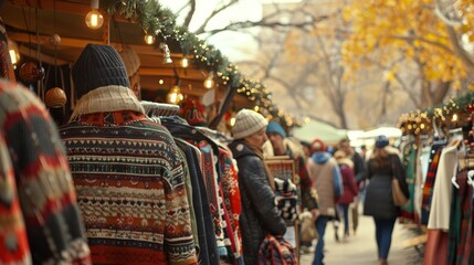 Fototapeta premium Envision a bustling holiday market with stalls selling festive clothing.