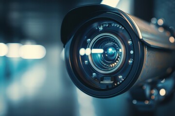 Focused Shot of an Advanced Security Camera Lens with Reflective Highlights