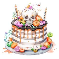 Naklejka premium Skeleton-themed cake, Halloween dessert, watercolor illustration, isolated on white background