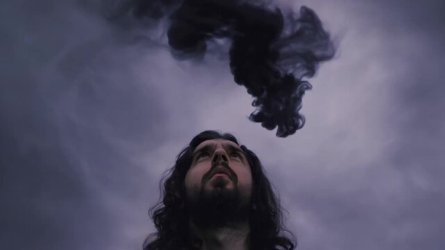 A gloomy sorcerer of black magic performs a ritual to summon the forces of Evil, looking at the starry sky