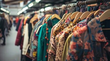 Envision a bustling vintage clothing market where each piece has a story.