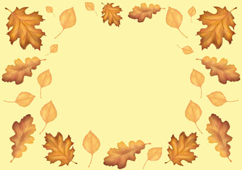 Autumn leaves all around. Place for an inscription. Postcard, leaflet.