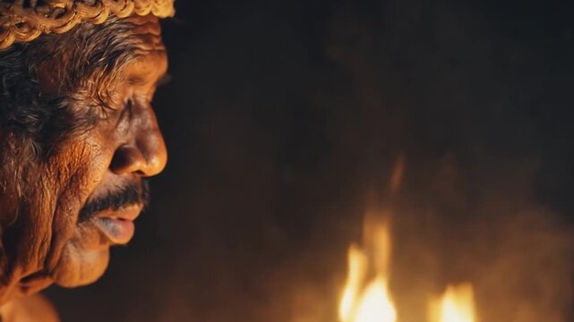A mysterious shaman sits by the fire, illuminated only by the night light, during an ancient ritual