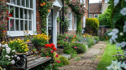 Obraz premium Envision a charming terraced house in a quaint English village with brick walls, white trim, and a well-kept front garden.