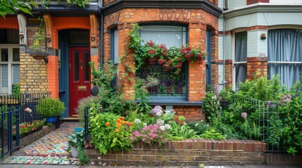 Fototapeta premium Envision a charming Victorian terraced house with a bay window, intricate brickwork, and a colorful front door.