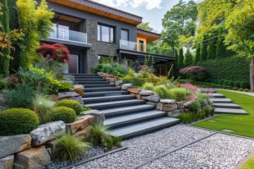 Fototapeta premium Modern house with flower beds and stone path