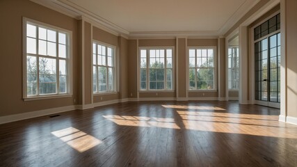 Fototapeta premium Sunlit empty room with large windows and hardwood floors 