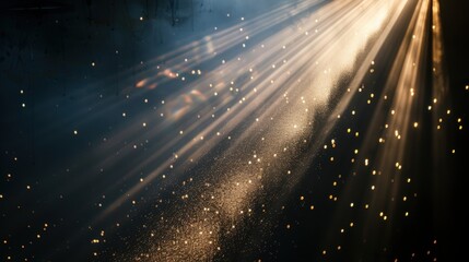 Golden light beams piercing through dark misty clouds, casting a spellbinding aura