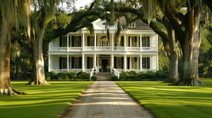 Envision a classic Southern plantation house with white columns, a grand staircase, and a wide veranda.