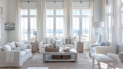 Envision a coastal living room with light, airy decor, white furniture, and nautical accents.