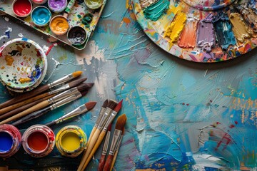 Fototapeta premium Oil paints, watercolors, brushes and other art supplies