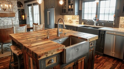 A rustic kitchen with reclaimed wood cabinets, a farmhouse sink, a large island with butcher block countertop, and vintage-style lighting.