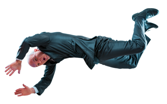 Businessman in mid air motion with surprised expression on transparent background - Powered by Adobe
