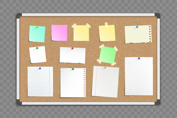 Office cork bulletin board template for business. With sheets of paper and stickers for notes. Mockup isolated on a transparent background. Vector illustration