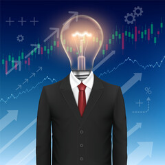 Businessman in a suit with a light bulb instead of a head. Against the background of growing successful financial charts. Stock vector illustration