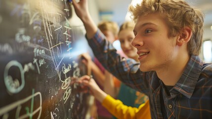 Envision a high school math class where students solve equations on the board and engage in group problem-solving activities.