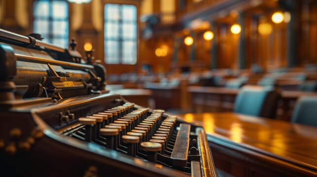 Stenotype Machine in a Busy Courtroom Scene Generative AI