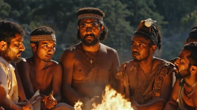 An African tribe with a chief near a fire