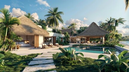 Envision a luxurious tropical villa with an open-air design, thatched roofs, and an infinity pool.