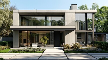 Fototapeta premium Envision a modern British home with sleek, minimalist architecture, large glass windows, and a landscaped front garden.