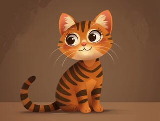Obraz premium Adorable Cartoon Tiger Kitten Sitting on a Plain Background With Big Sparkling Eyes
