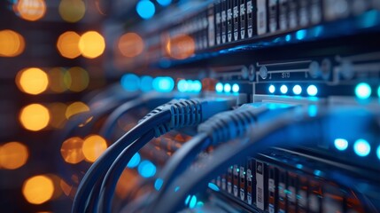 Blurred Server Room Background with Network Switch in Focus Generative AI