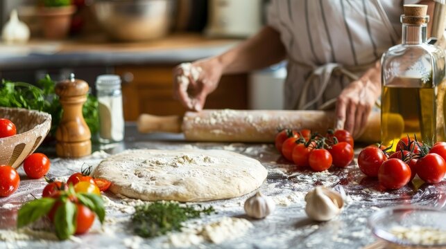 Envision a rustic Italian kitchen where a nonna is rolling out pizza dough.