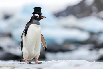 Obraz premium Gentleman Penguin: A penguin in a black tuxedo with a top hat and monocle, standing on an icy landscape.