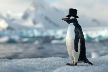 Obraz premium Gentleman Penguin: A penguin in a black tuxedo with a top hat and monocle, standing on an icy landscape.