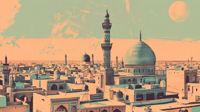Risograph stencilled riso print travel poster, card, wallpaper or banner illustration, modern, isolated, clear, simple of Najaf, Iraq. Artistic, screen printing, stencil
