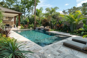 Luxurious swimming pool surrounded by lush tropical greenery in backyard