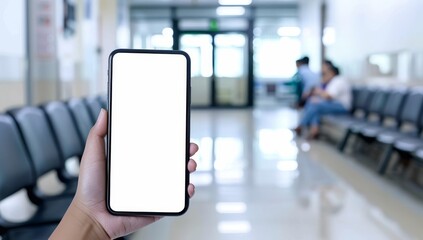 Mockup of a blank smartphone, mobile phone screen held in hand, hospital healthcare waiting room scene background