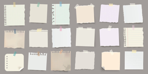 Large set of vintage vector realistic note papers with pin and adhesive tape with diffrent colors on transparent background.