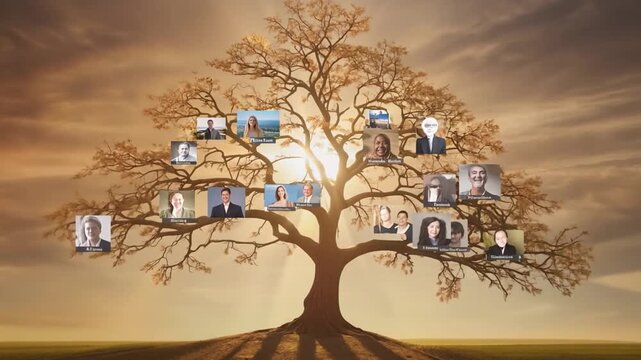 A detailed family tree that displays pictures of various individuals on its branches