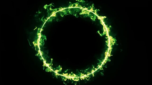Abstract frame with animation of green fire energy effect with flying particles and sparks on black background. Burning border with copy space. Circle glowing element for design
