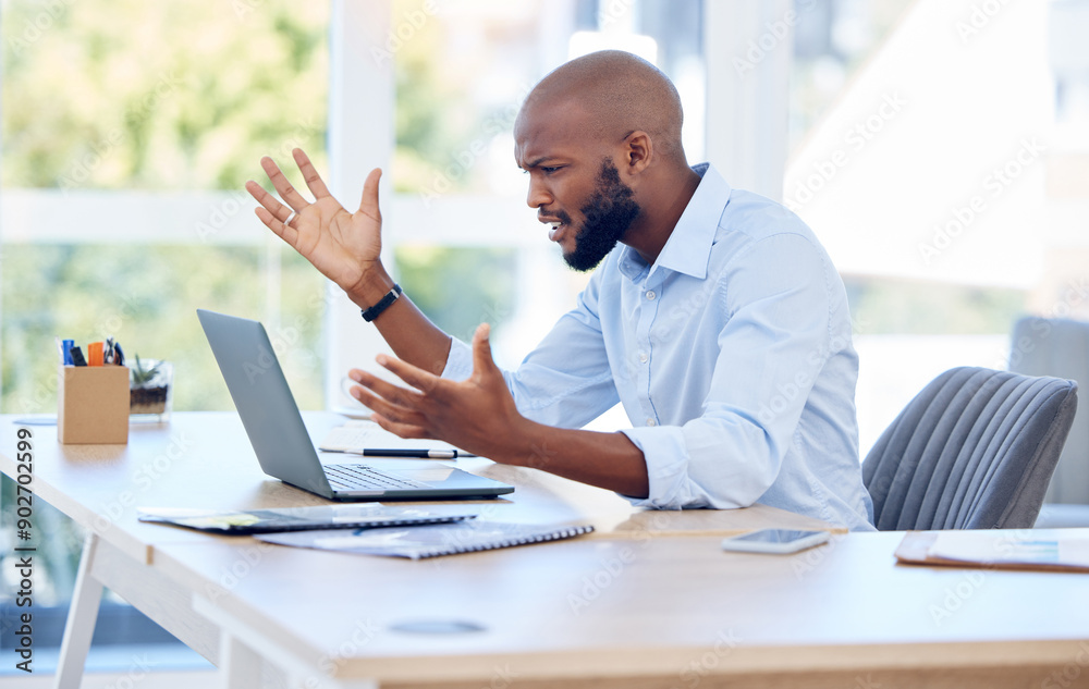 Poster Laptop, frustrated and confused black man in office with scam, glitch or error 404 with info loss in business. Computer crash, stress or angry worker with bad news, spam or reading email for job fail