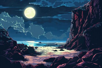 Fototapeta premium Rocky Beach Under Moonlight