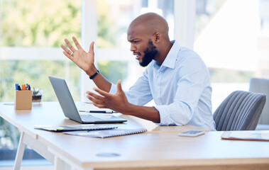 Laptop, frustrated and confused black man in office with scam, glitch or error 404 with info loss in business. Computer crash, stress or angry worker with bad news, spam or reading email for job fail