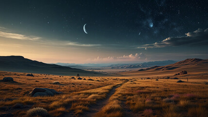 Panoramic view of huge evening field landscape